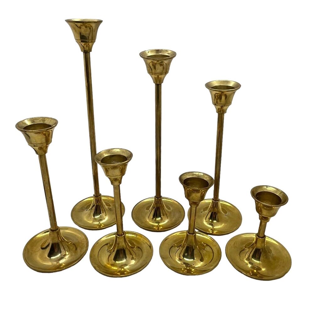 Brass Candlestick Holders Graduated Set of Seven Vintage Wedding Mantle Holiday